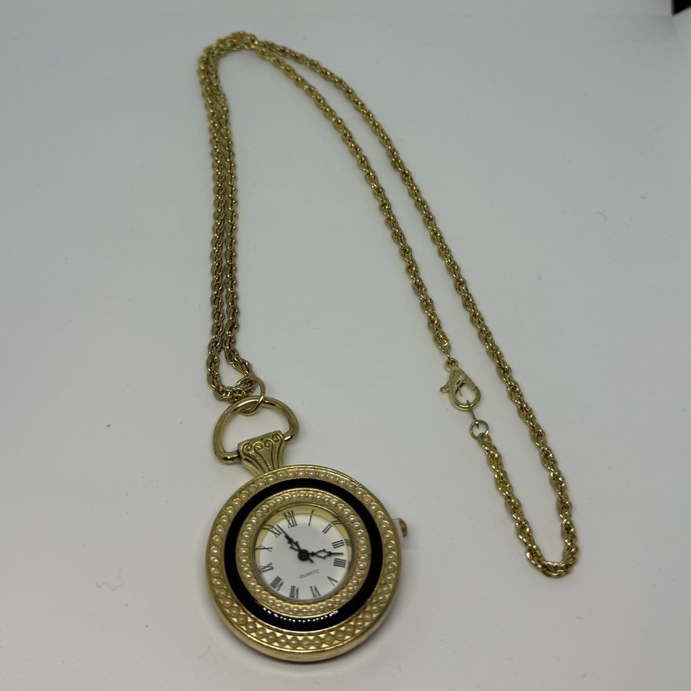 NWT Haband Vintage-Style Pendant Watch Necklace – Gold Tone – 24” Chain